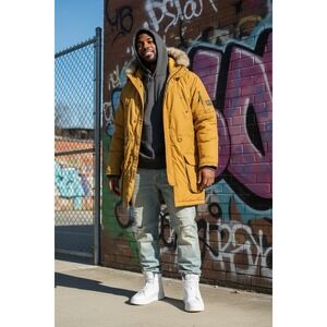 Sean John XXL Mens Parka Coat Tan Lamb's Wool Hood Goose Down Oversized Vintage